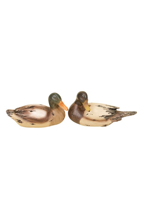 Beige Polystone Rustic Duck Sculpture - Set of 2