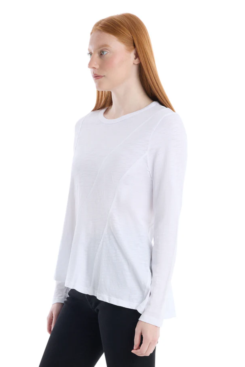 Round Neck Long Sleeve Tee with Asymmetric Hem & Body Seams, Alternate, color, White