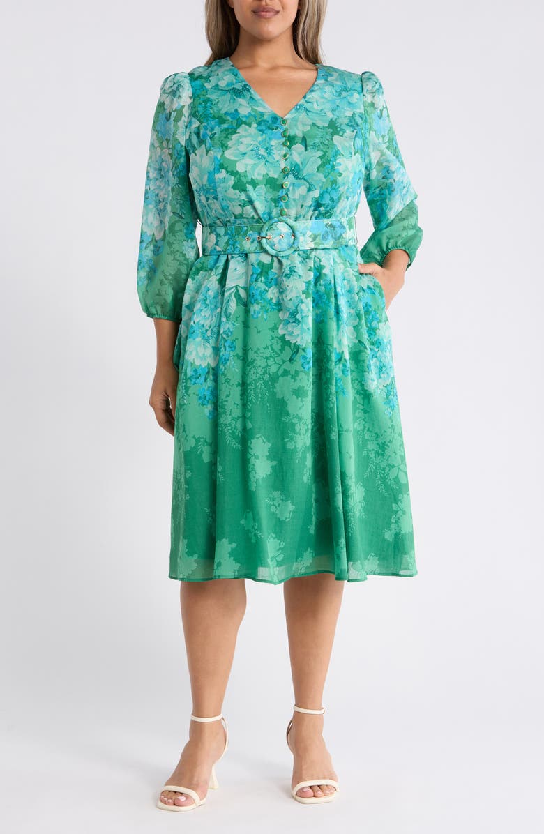 Tahari ASL Long Sleeve Printed Midi Dress, Main, color, Green