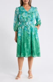 Tahari ASL Long Sleeve Printed Midi Dress