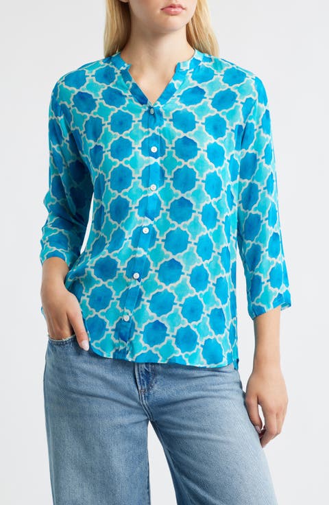 Print Mandarin Collar Chiffon Button-Up Top