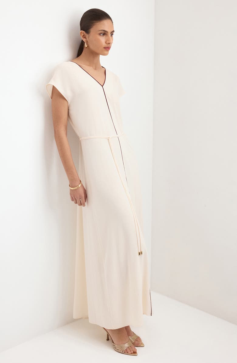 MANGO Contrast Piping Belted Midi Dress, Alternate, color, Ecru