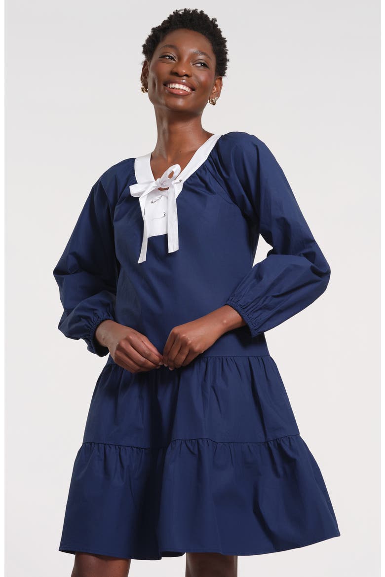 Long Sleeve Ruffle Hem Dress, Alternate, color, NAVY/ WHITE
