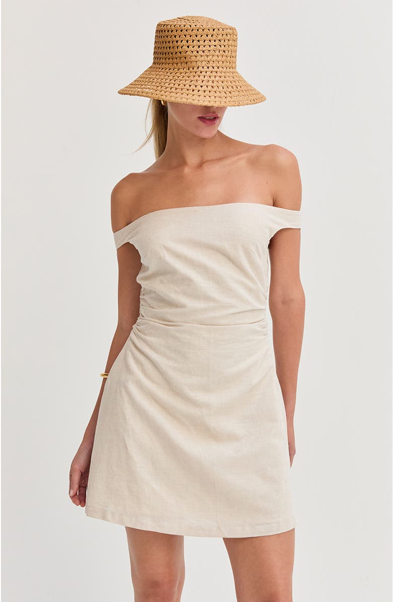 CRESCENT Off Shoulder Side Ruched Linen Mini Dress, Alternate, color, Oatmeal
