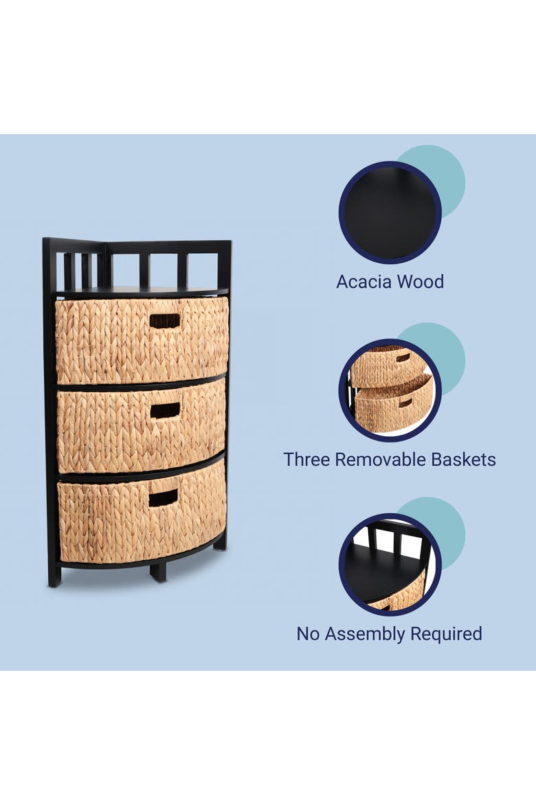 Quart Handcrafted Acacia Wood 3-Tier Corner Storage Cabinet with 3 Water Hyacinth Baskets, Alternate, color, Black