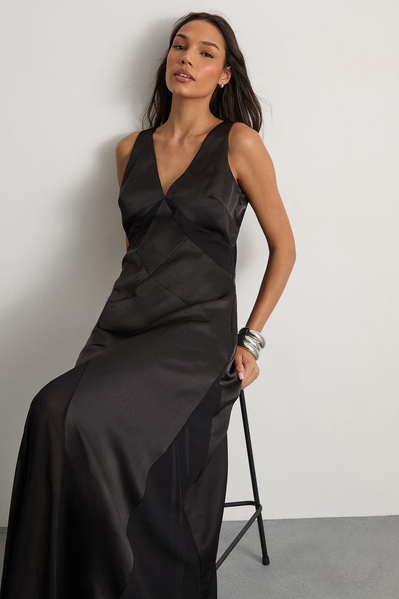 Satin and Chiffon Mix Midaxi Dress, Alternate, color, Black