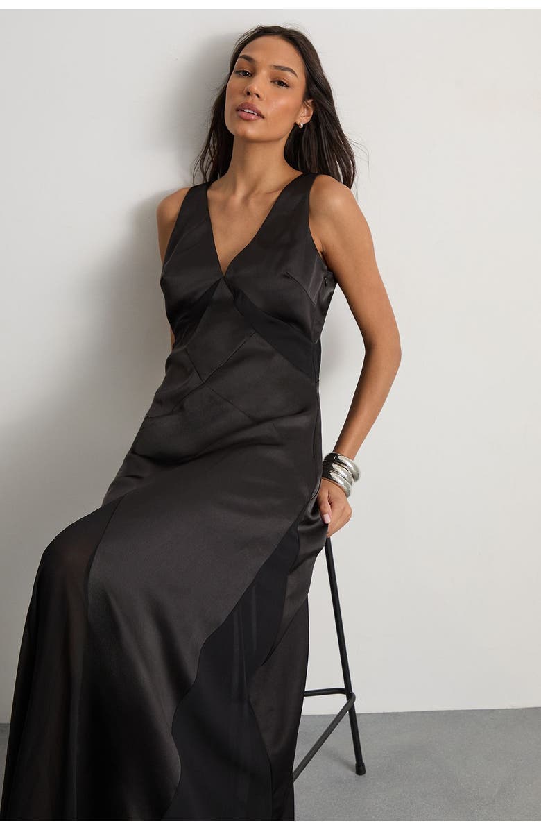 Warehouse Satin and Chiffon Mix Midaxi Dress, Alternate, color, Black