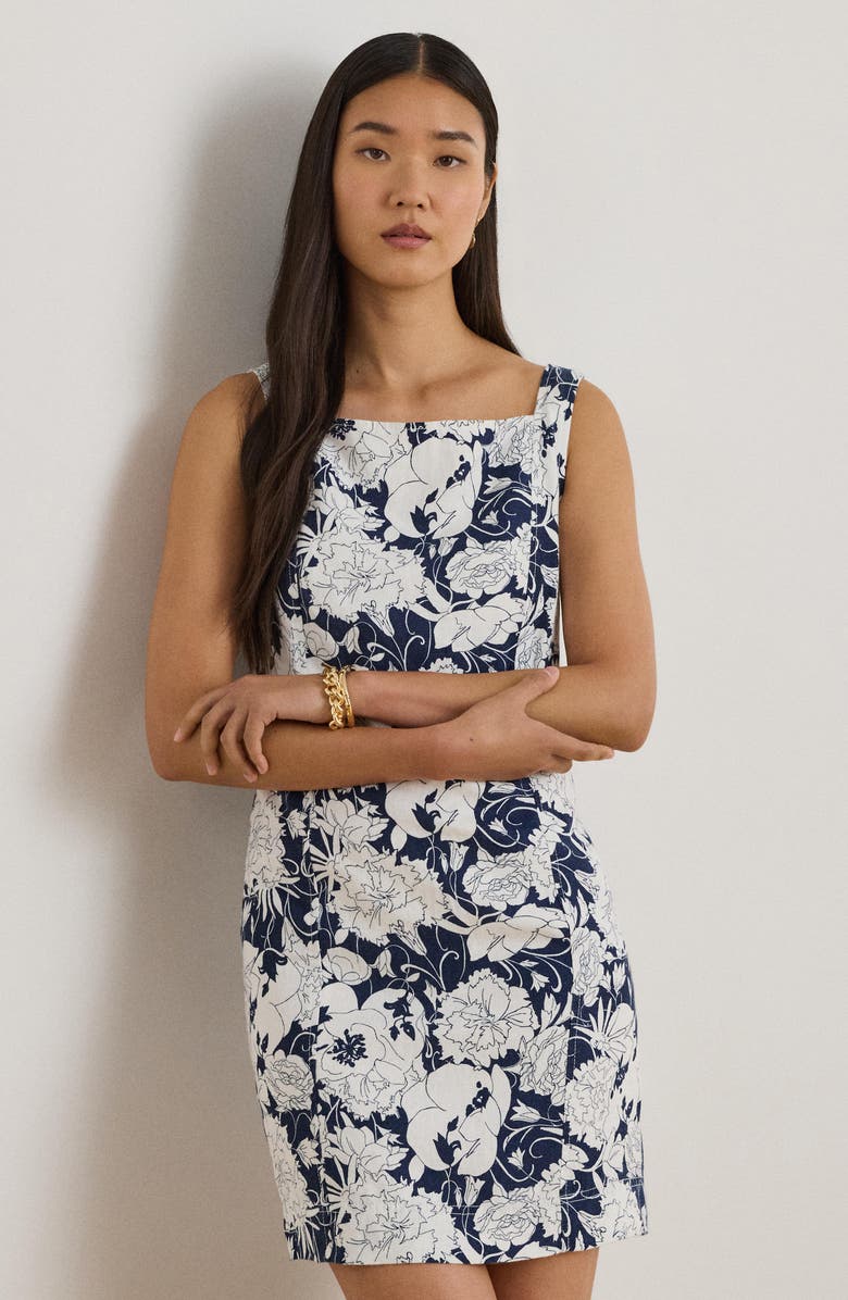Lauren Ralph Lauren Richette Floral Linen Minidress, Alternate, color, White / Navy Blue