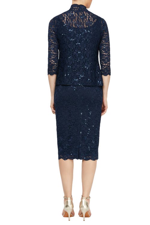 Sl Fashions 2-pc. Lace Jacket & Midi Dress Set In Blue