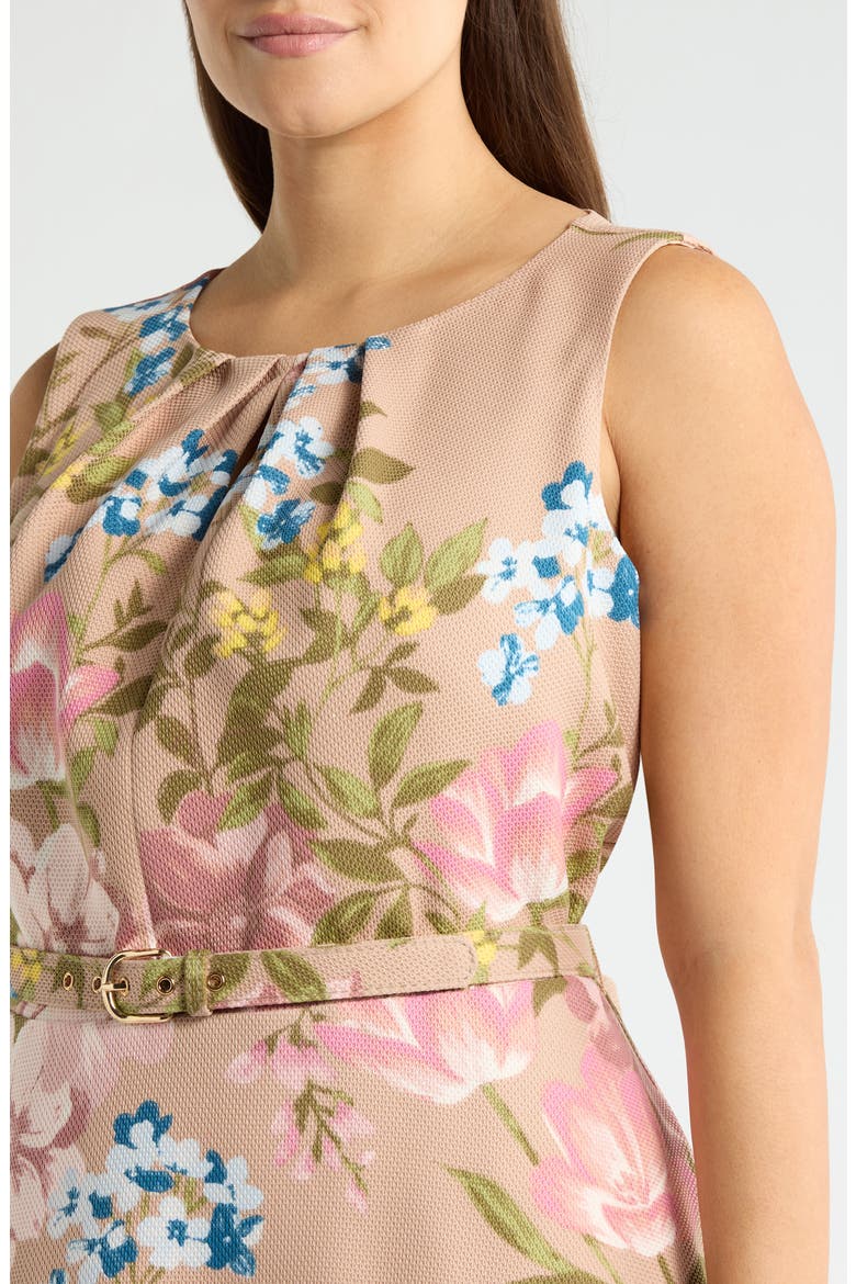 Floral Belted Pleat Neck Dress, Alternate, color, BLUSH TOAST