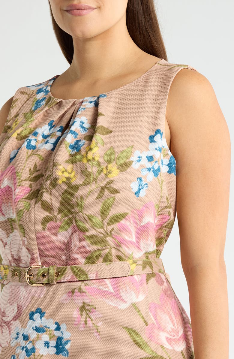 Tahari ASL Floral Belted Pleat Neck Dress, Alternate, color, Blush Toast