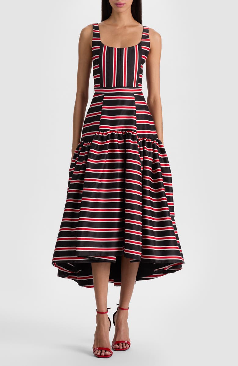 Alice + Olivia Diana Directional Stripe Structured Cotton Blend Dress, Main, color, Teakwood Stripe Large Black