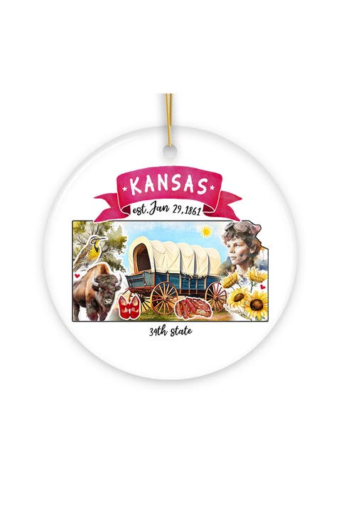 Kansas Watercolor Landmarks Ceramic Ornament