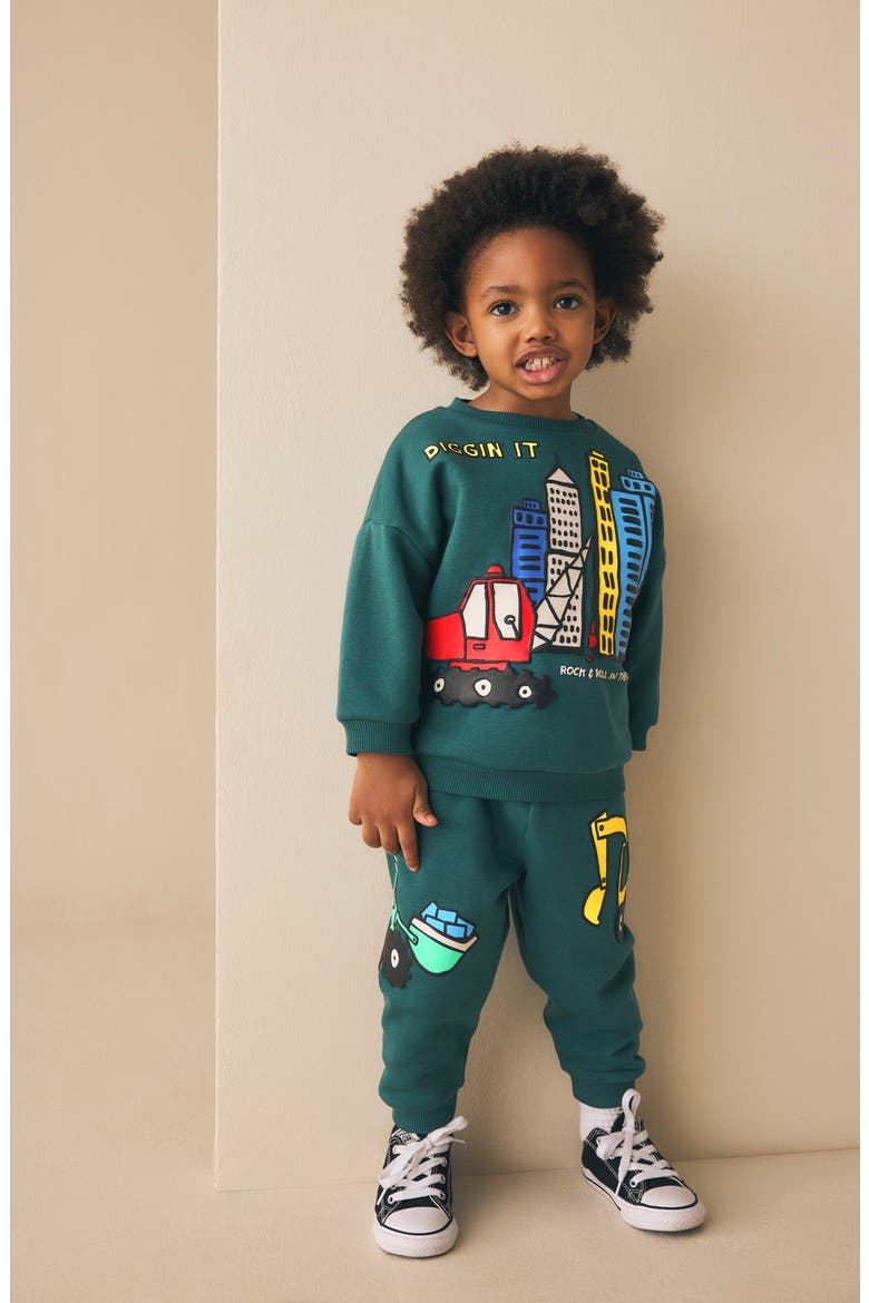 Kids' Construction Graphic Sweatshirt & Joggers Set, Alternate, color, GREEN MULTI
