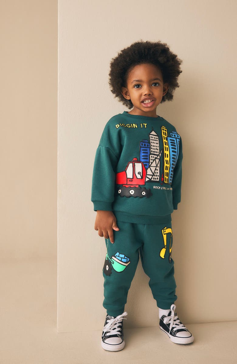 NEXT Kids' Construction Graphic Sweatshirt & Joggers Set, Alternate, color, Green Multi