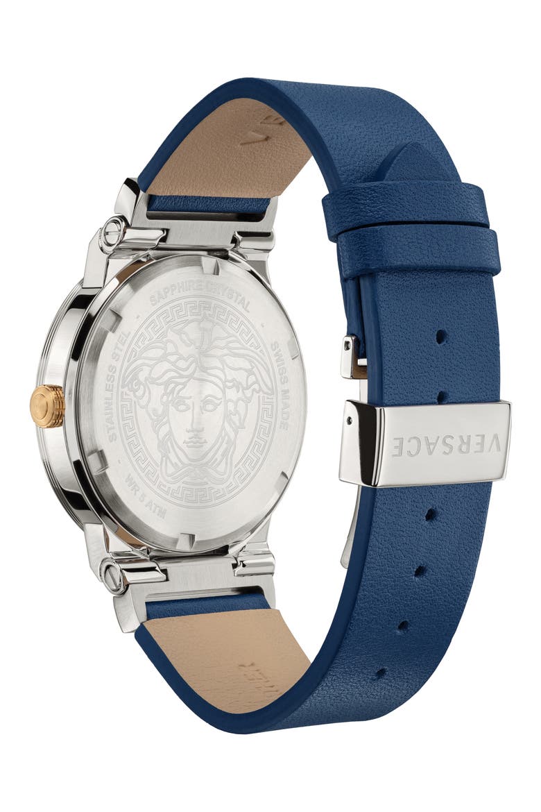 Greca Logo Leather Strap Watch, 41mm, Alternate, color, BLUE/ SILVER