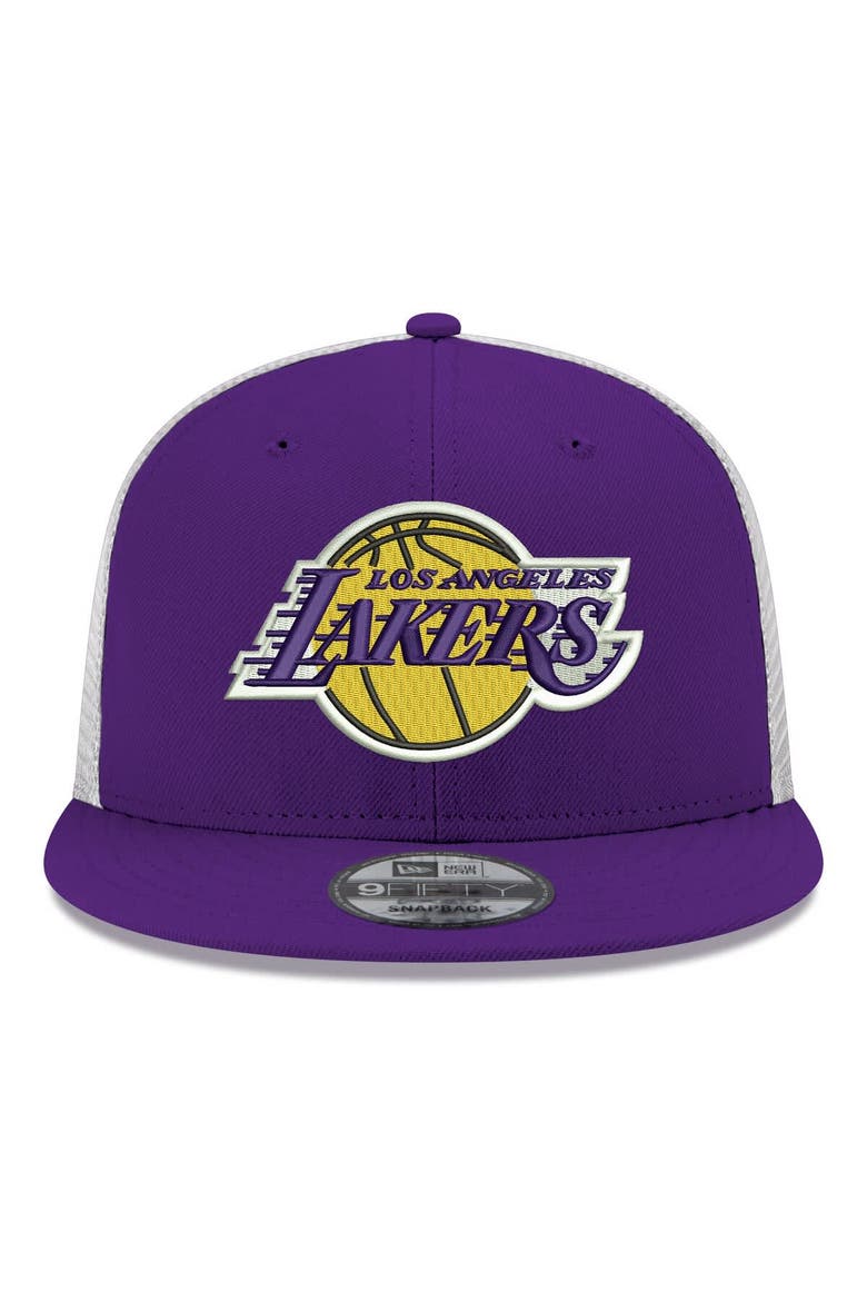 Men's New Era Purple Los Angeles Lakers Core Logo Meshback 9FIFTY Snapback Hat, Alternate, color, Purple