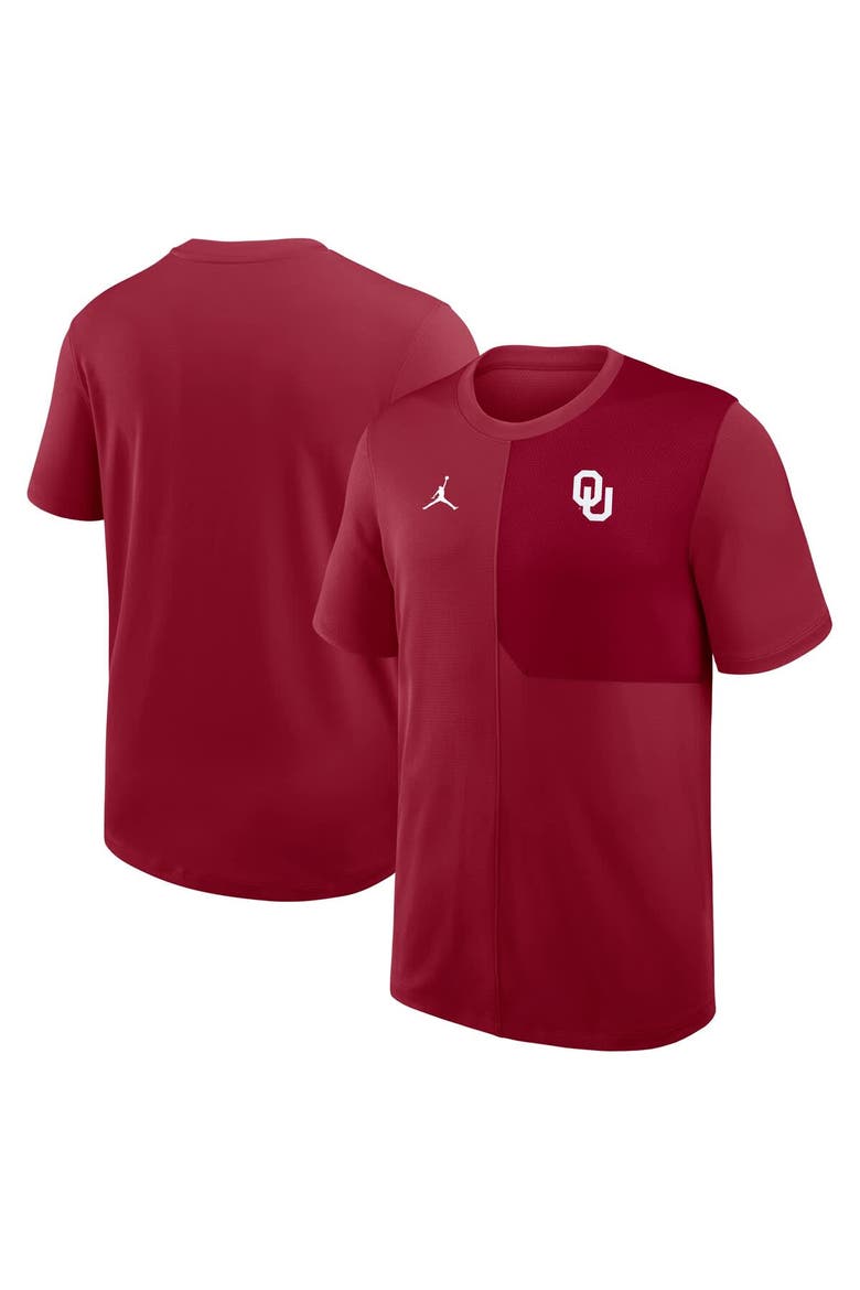 Men's Jordan Brand Crimson Oklahoma Sooners 2025 Sideline UV Performance Coach T-Shirt, Main, color, Crimson