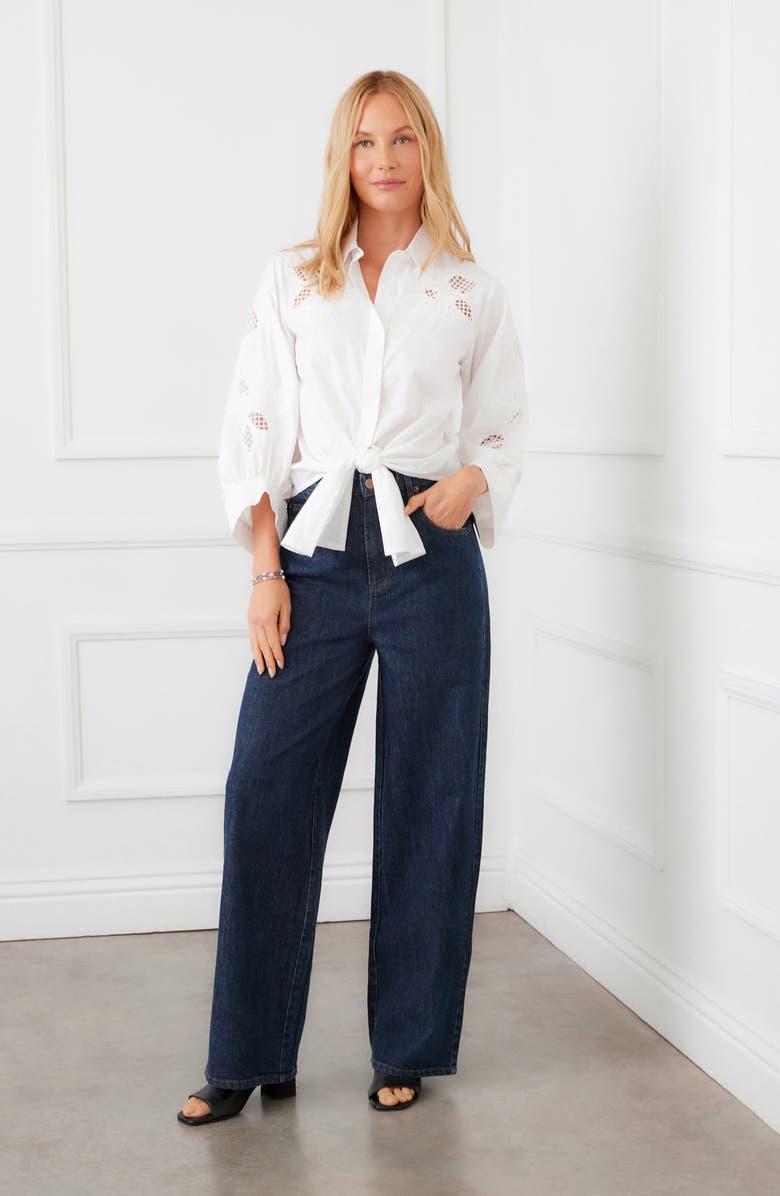 Karen Kane Eyelet Embroidery Tie Front Shirt, Alternate, color, White