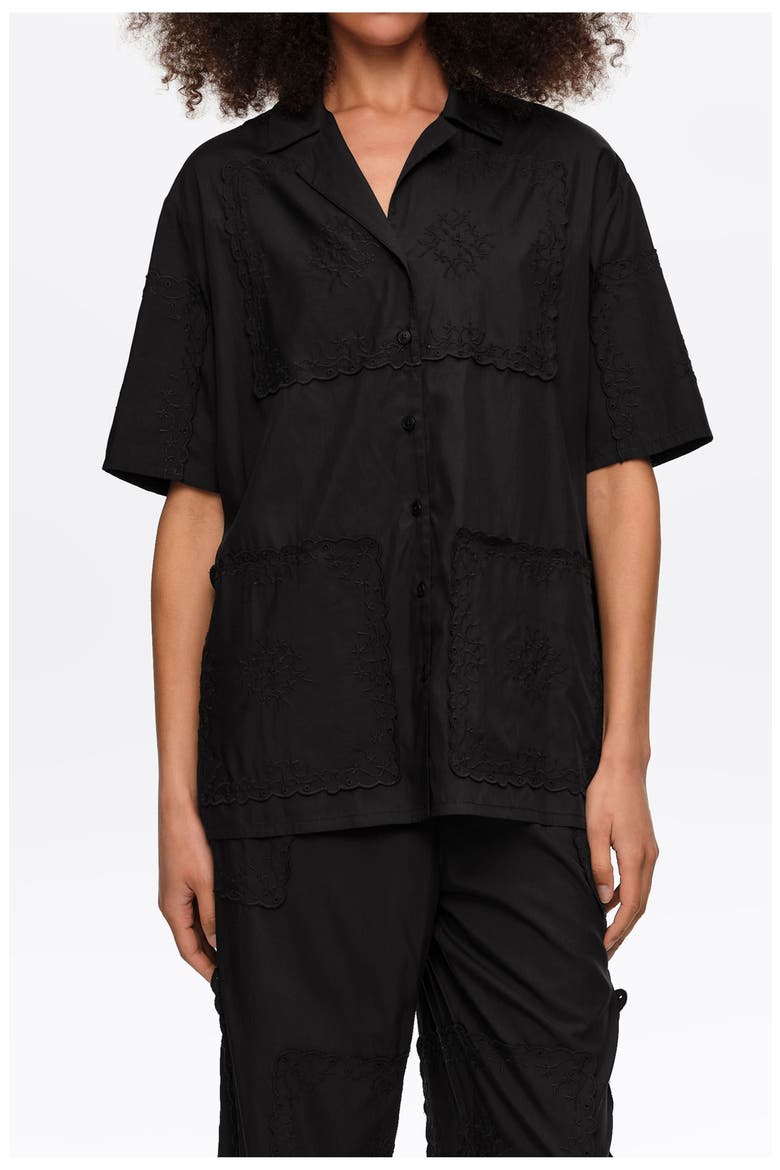 Embroidered Scarf Patchwork Shirt, Main, color, BLACK