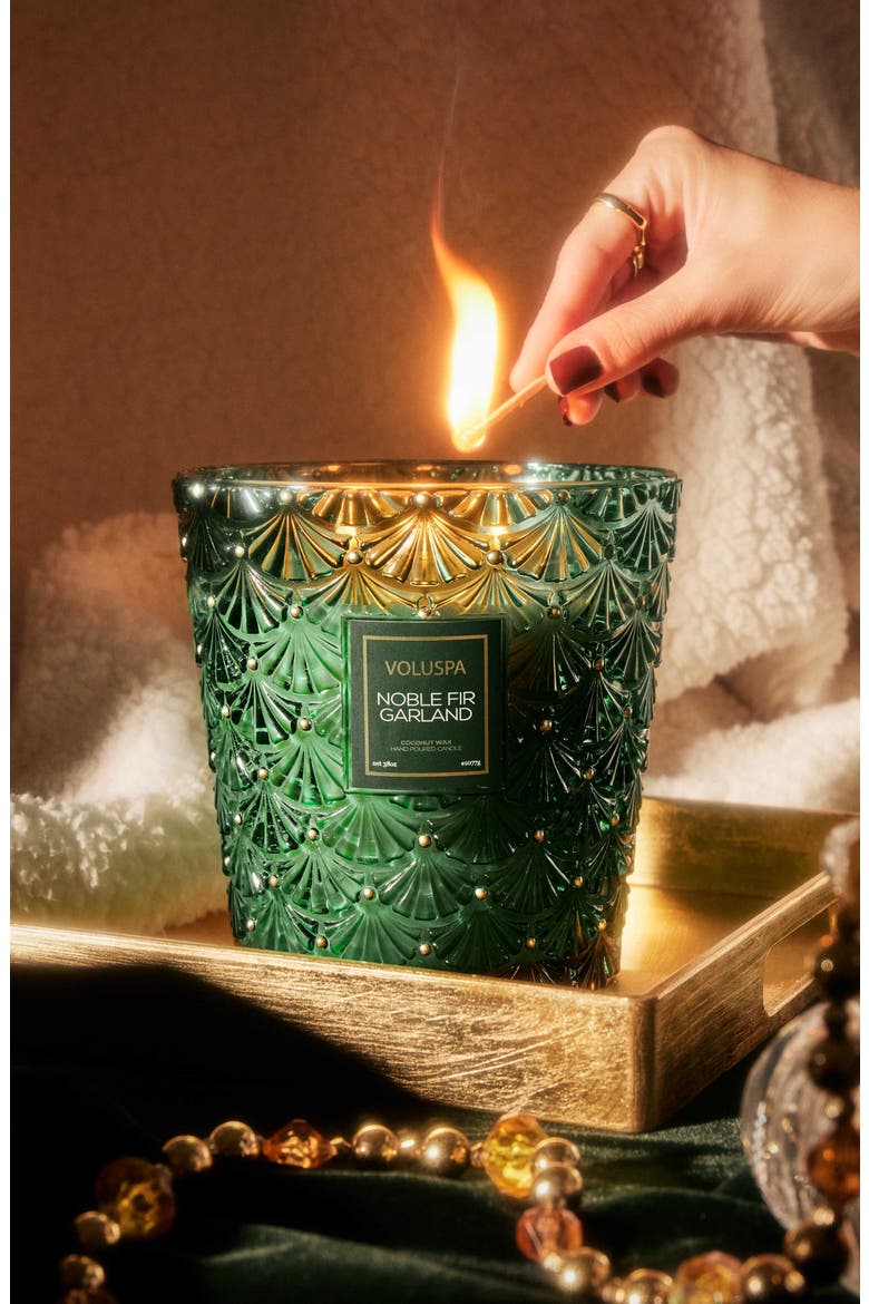 Noble Fir Garland Three-Wick Hearth Candle, Alternate, color, GREEN