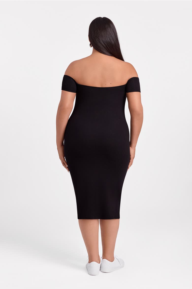 Sculpting Shapewear Rib Straight Neck Off The Shoulder Midi Dress, Alternate, color, Onyx Black Rib
