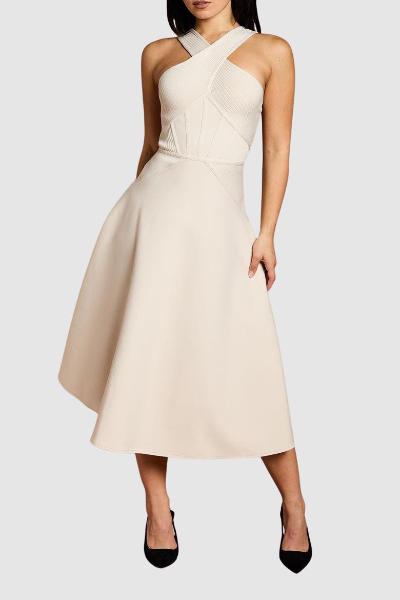 Petite Bandage Cross Neck Midi Dress, Alternate, color, Stone