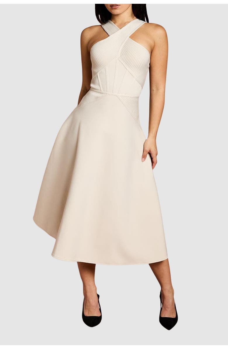 Coast Petite Bandage Cross Neck Midi Dress, Alternate, color, Stone
