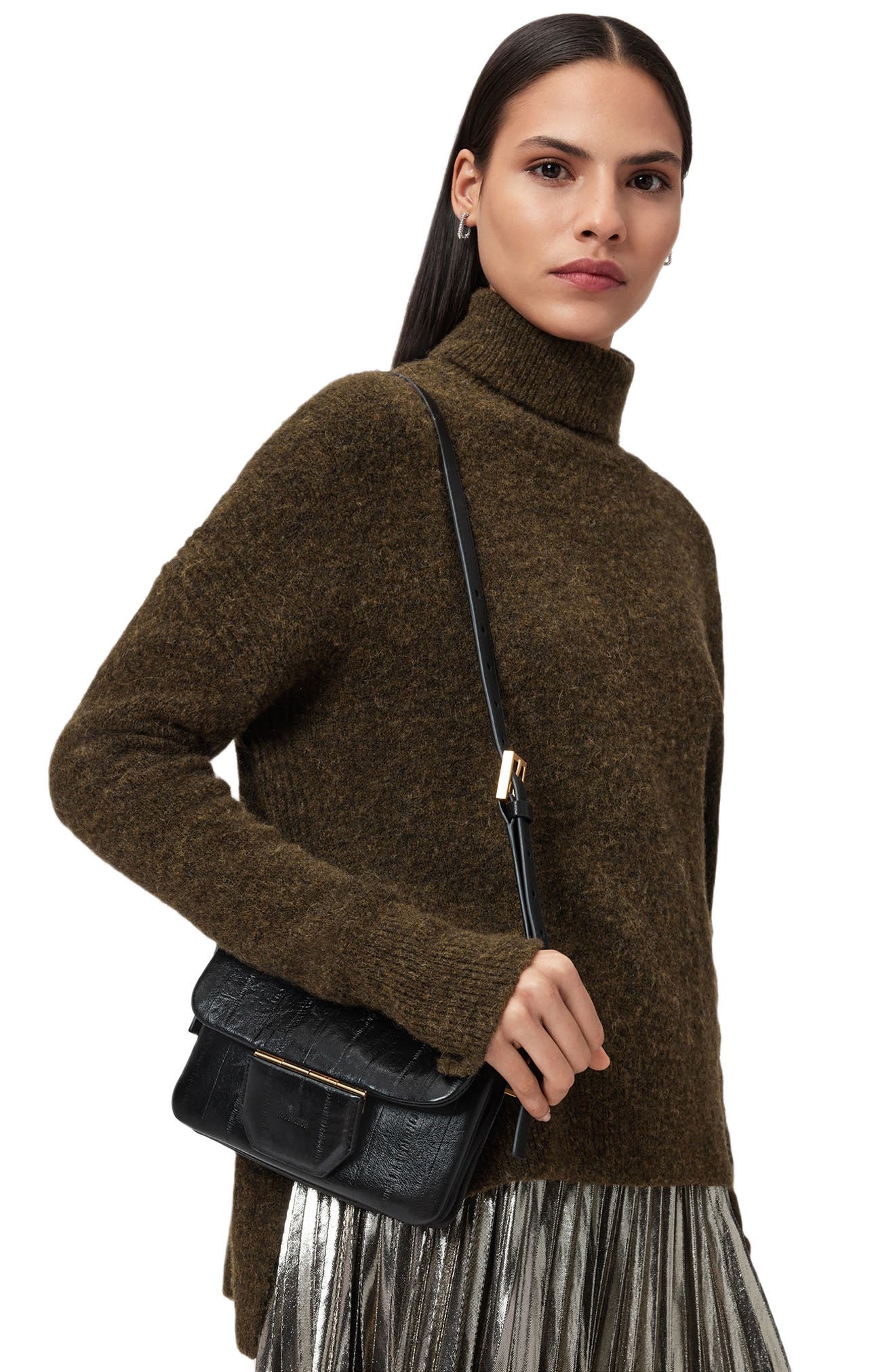 AllSaints Jupiter Eel Skin Embossed Leather Crossbody Bag, Alternate, color, 