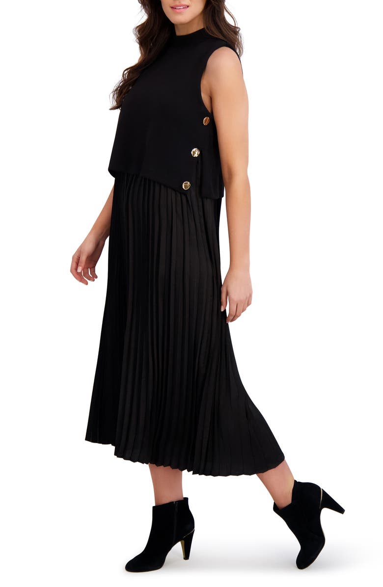 London Times Button Pleated Skirt A-Line Dress, Alternate, color, Black