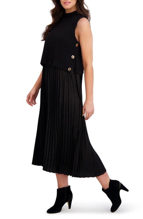 London Times Button Pleated Skirt A-line Dress In Black