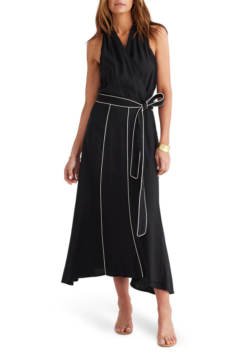 Ari Tie Waist Sleeveless Linen Blend Maxi Dress, Alternate, color, BLACK W WHITE
