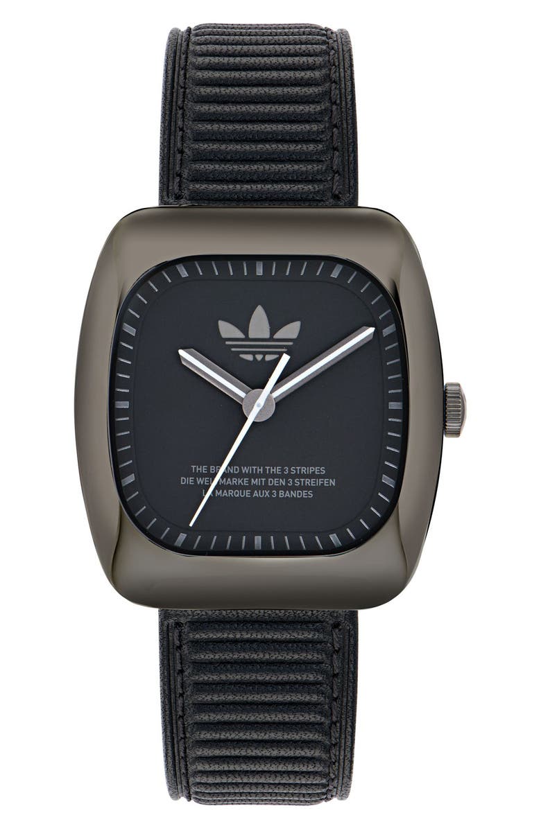 adidas Retro Wave One Leather Strap Watch, 37mm, Main, color, Black