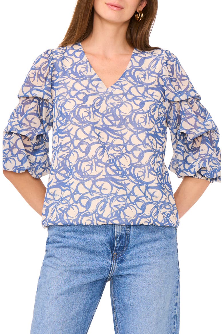 Print Bubble Sleeve Top, Main, color, DEEP RIVER