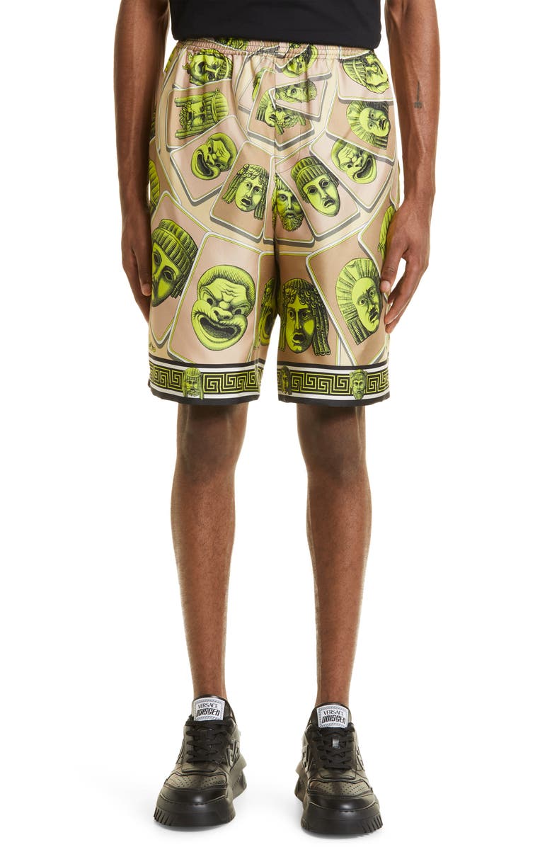 Versace Masks Print Silk Shorts, Main, color,