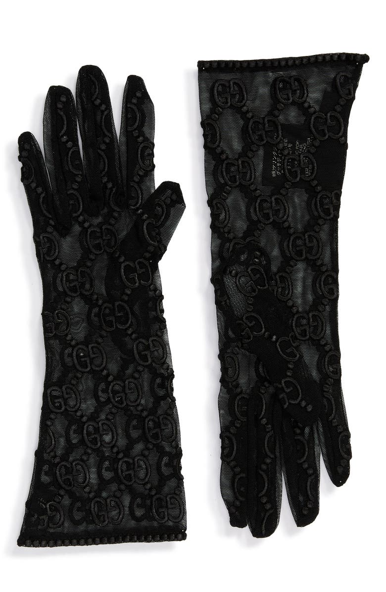 Gucci GG Embroidery Lace Tulle Gloves, Main, color, 
