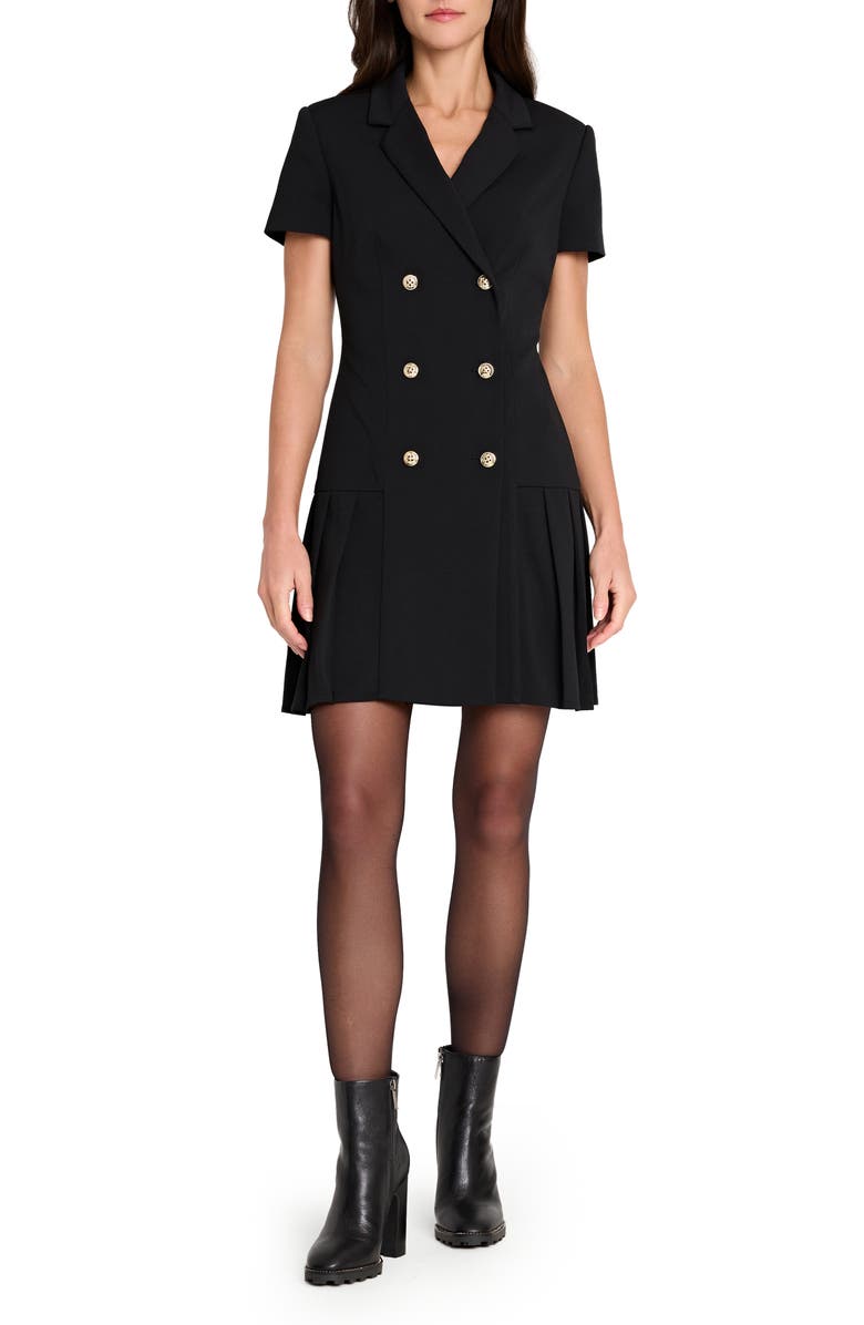 Tahari ASL Double Breasted Pleat Hem Coat Dress, Main, color, Black