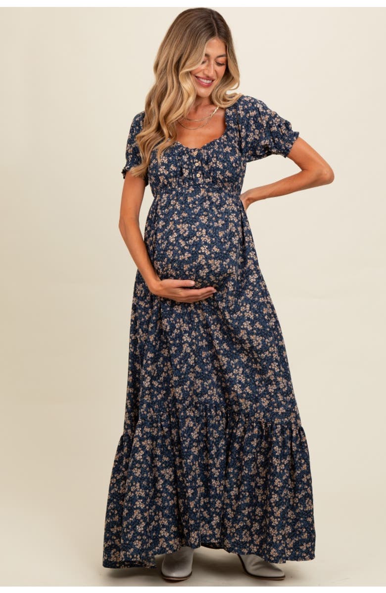 PinkBlush Floral Button Accent Maxi Dress, Alternate, color, Navy Blue