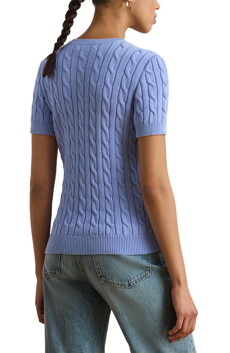 Lauren Ralph Lauren Embroidered Logo Short Sleeve Cable Sweater, Alternate, color, Banker Blue