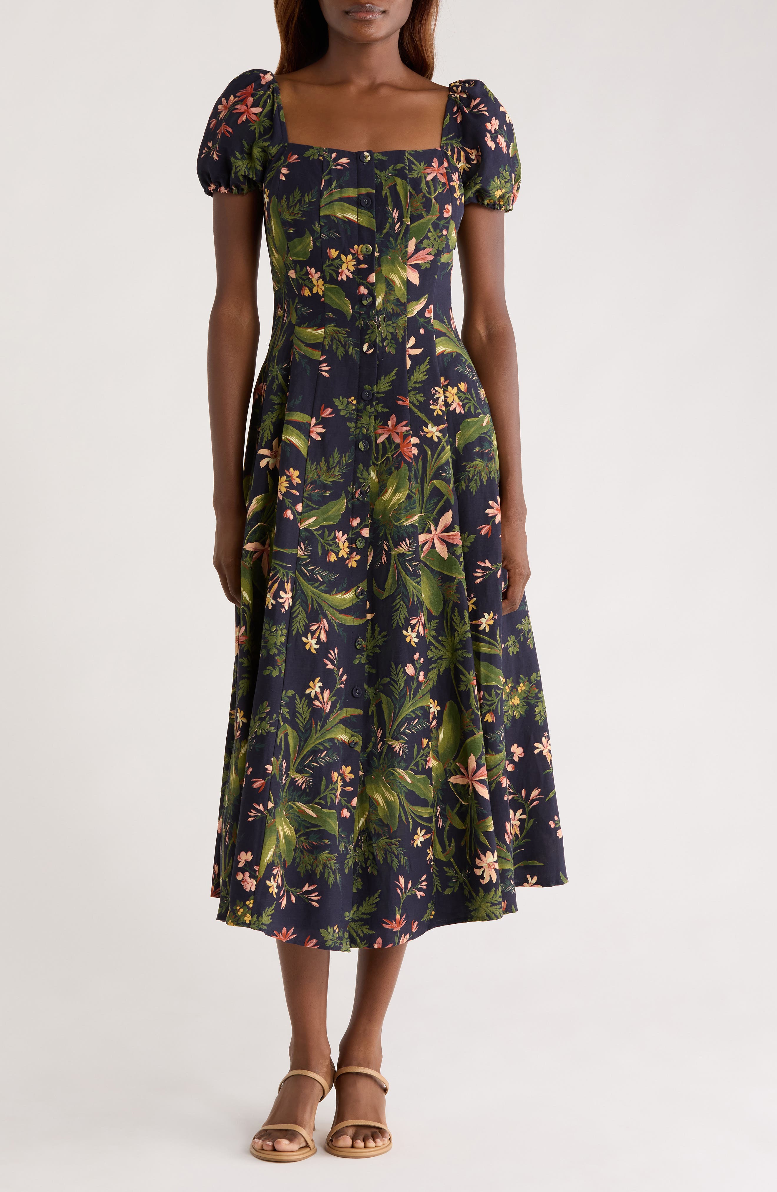PAIGE Lindi Floral Silk & Linen Paneled Midi Shirtdress