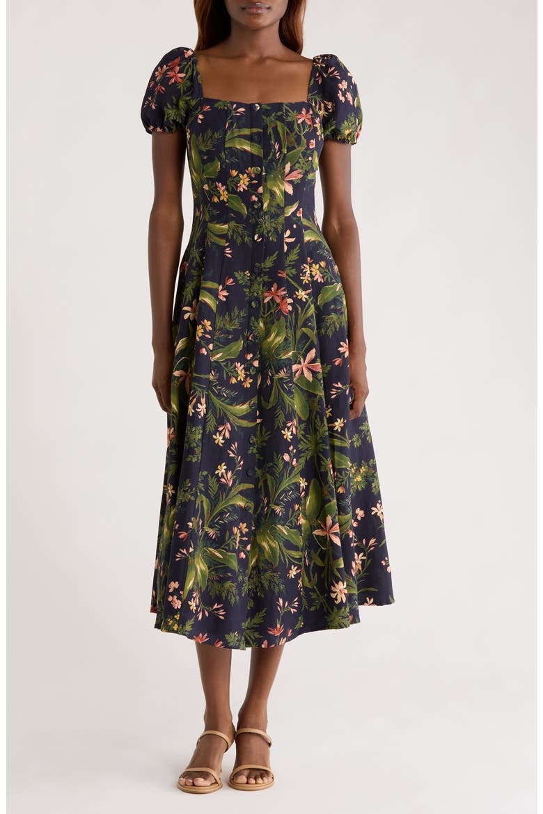 Lindi Floral Silk & Linen Paneled Midi Shirtdress, Main, color, DARK NAVY MULTI