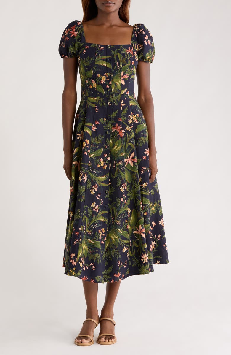 PAIGE Lindi Floral Silk & Linen Paneled Midi Shirtdress, Main, color, Dark Navy Multi