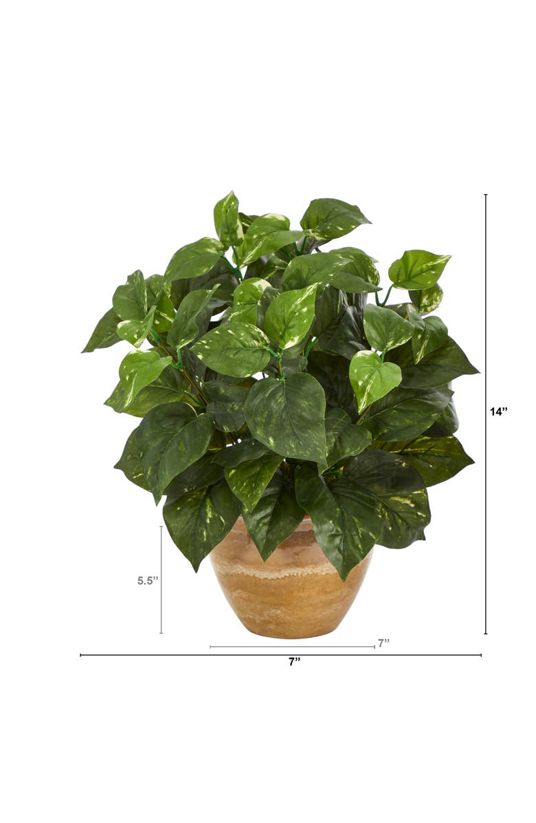 NEARLY NATURAL 14-in Pothos Artificial Plant in Ceramic Planter, Alternate, color, Green