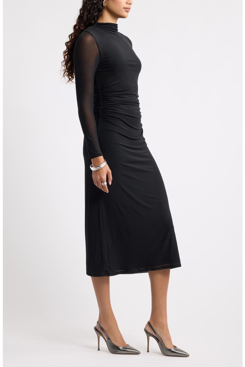 Mock Neck Long Sleeve Mesh Midi Dress, Alternate, color, BLACK