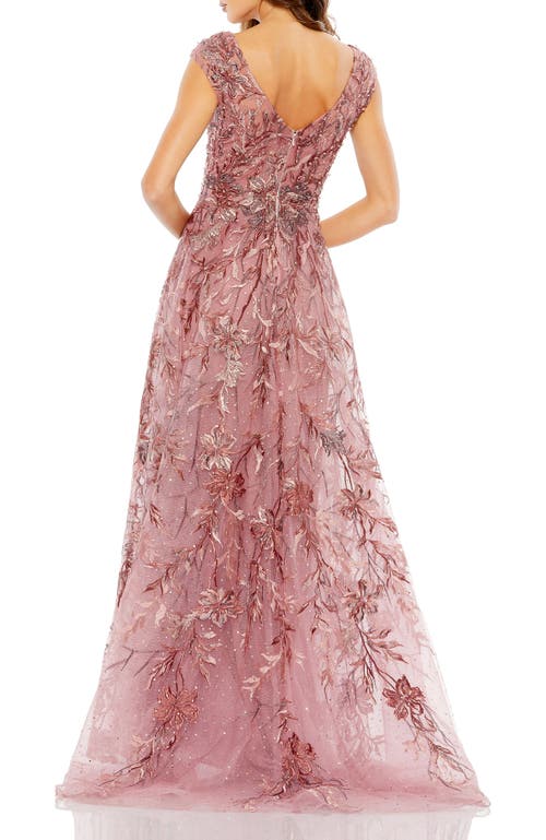 Mac Duggal Embroidered Illusion Cap Sleeve A Line Gown In Cinnamon