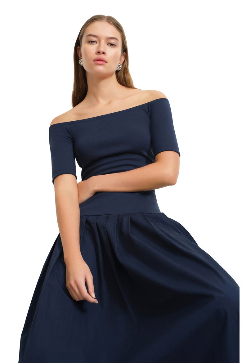 Mila Off the Shoulder Pleated Drop Waist Dress, Alternate, color, DEEP INDIGO