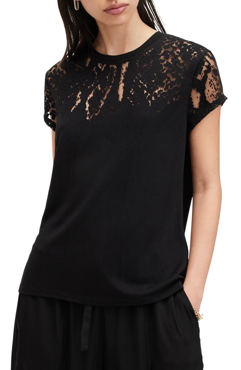 AllSaints Anna Snakeprint Lace Yoke Top, Main, color, Black