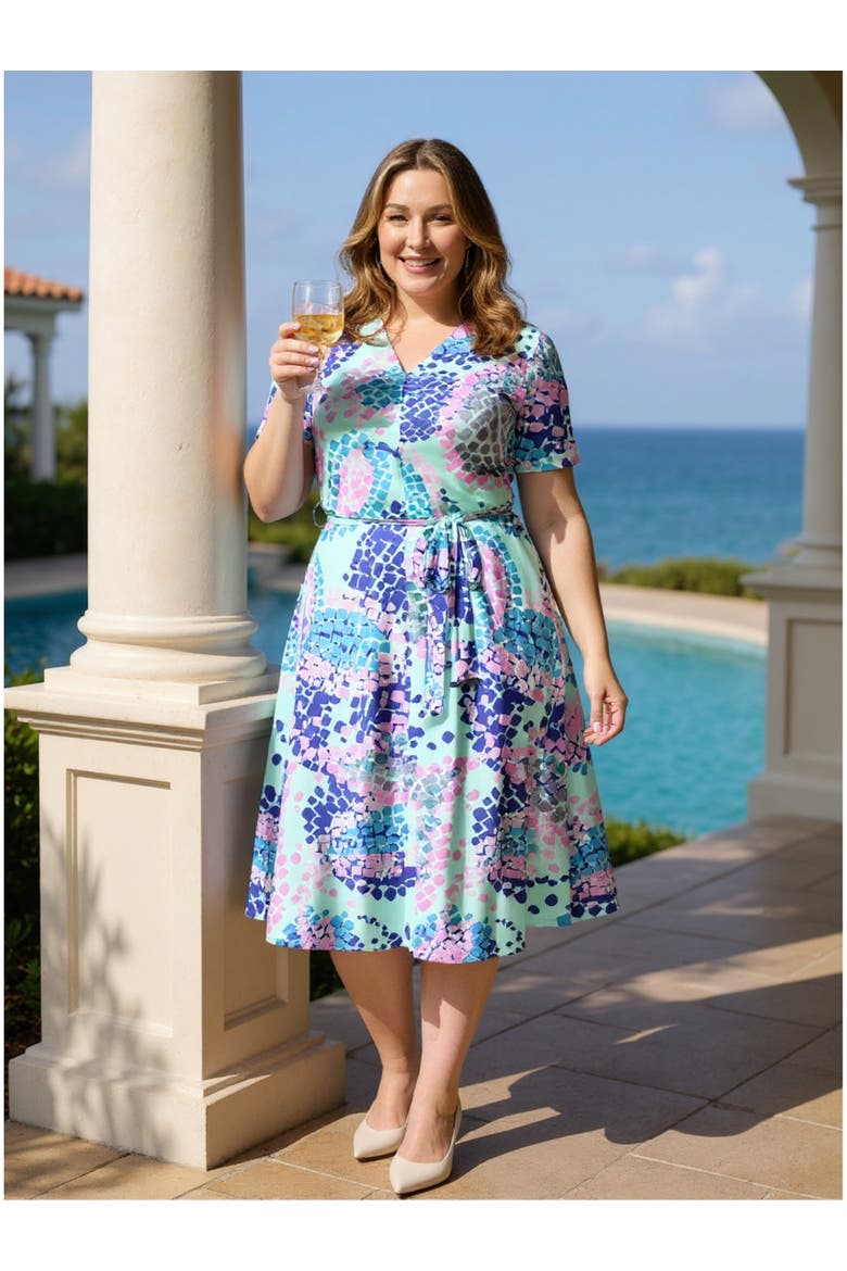 Curvy Essential V-Neck Short Sleeve A-Line Midi Dress, Alternate, color, Blue Multi