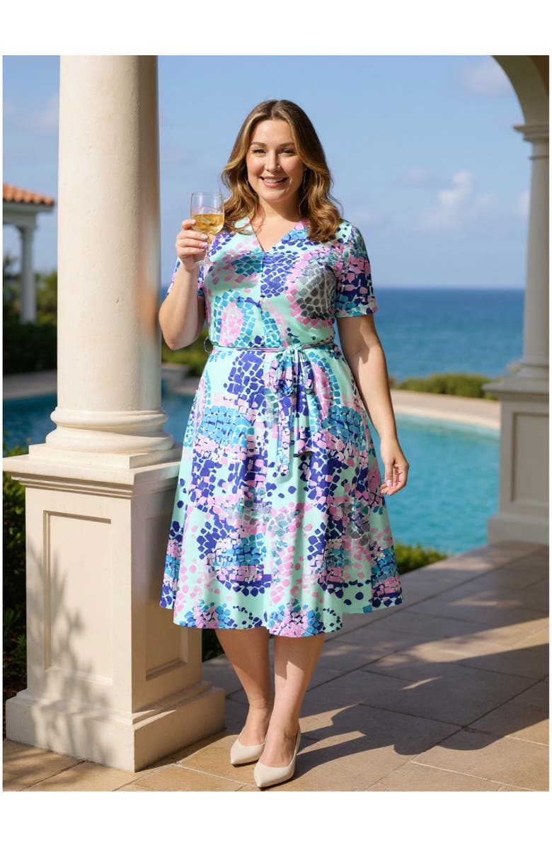 24seven Comfort Apparel Curvy Essential V-Neck Short Sleeve A-Line Midi Dress, Alternate, color, Blue Multi