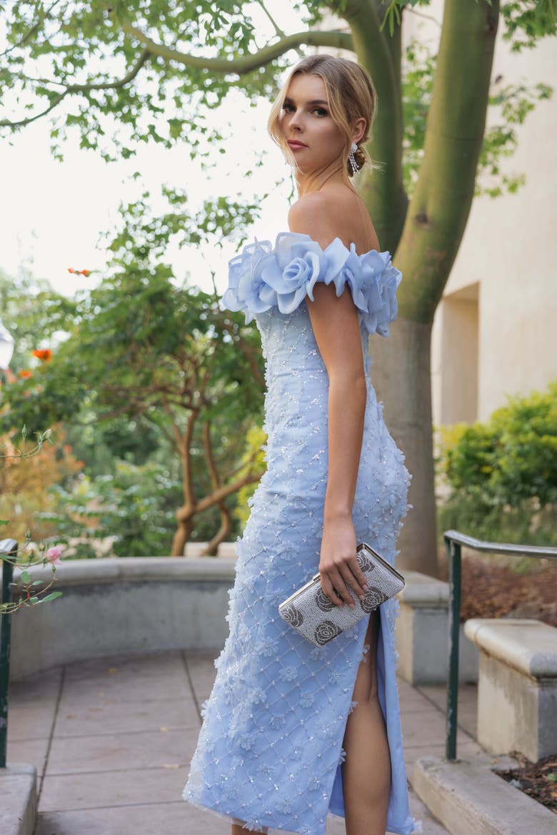 Off The Shoulder Embellished Dress With 3D Flower Detail, Alternate, color, Powder Blue
